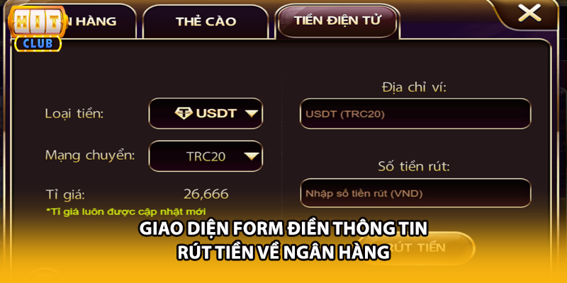 Giao diện form điền thông tin rút tiền về ngân hàng