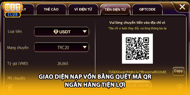 Giao diện nạp vốn bằng quét mã QR ngân hàng tiện lợi