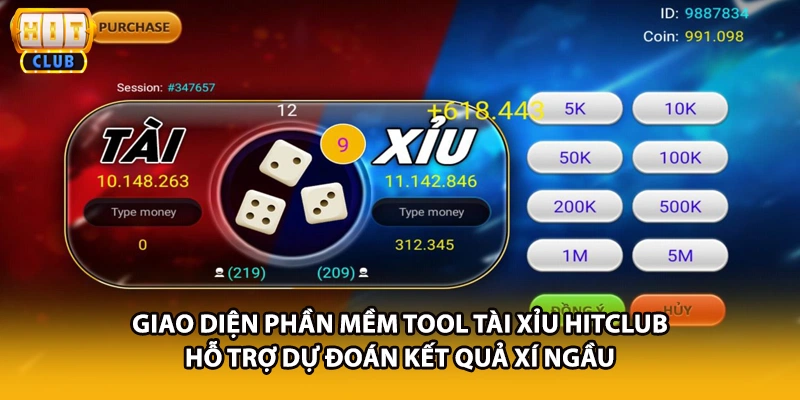 Giao diện phần mềm tool tài xỉu HITCLUB hỗ trợ dự đoán kết quả xí ngầu